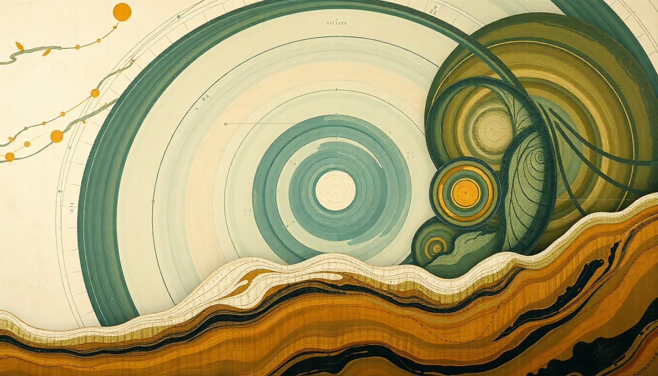 A highly structured abstract painting in soft, earthy tones of green, blue, and brown, featuring sweeping geometric arcs, concentric circles, and precise botanical spirals, conceptually representing the complex forces of coastal erosion.