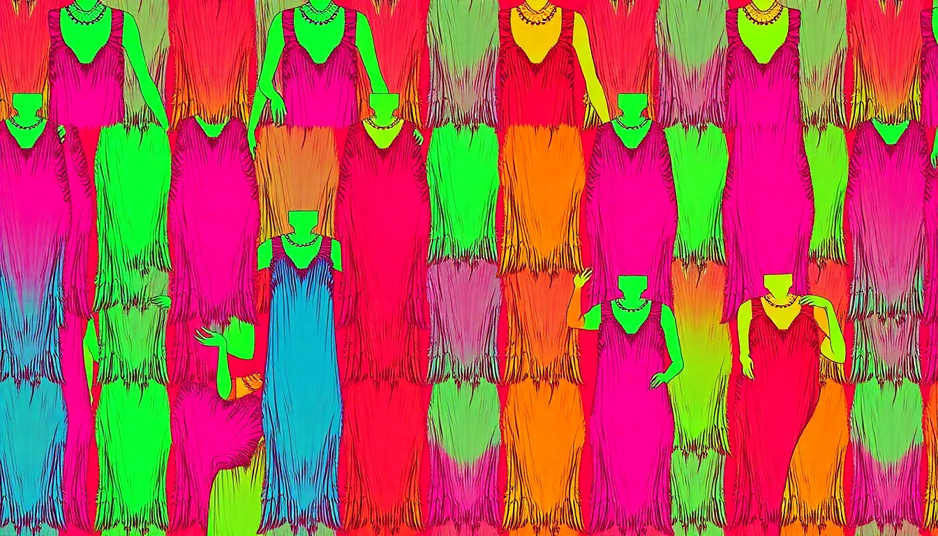 A brightly colored, high-contrast silkscreen print of a vintage flapper dress repeated in a tight grid pattern, capturing the iconic fashion of the 1920s in a modern pop art style.