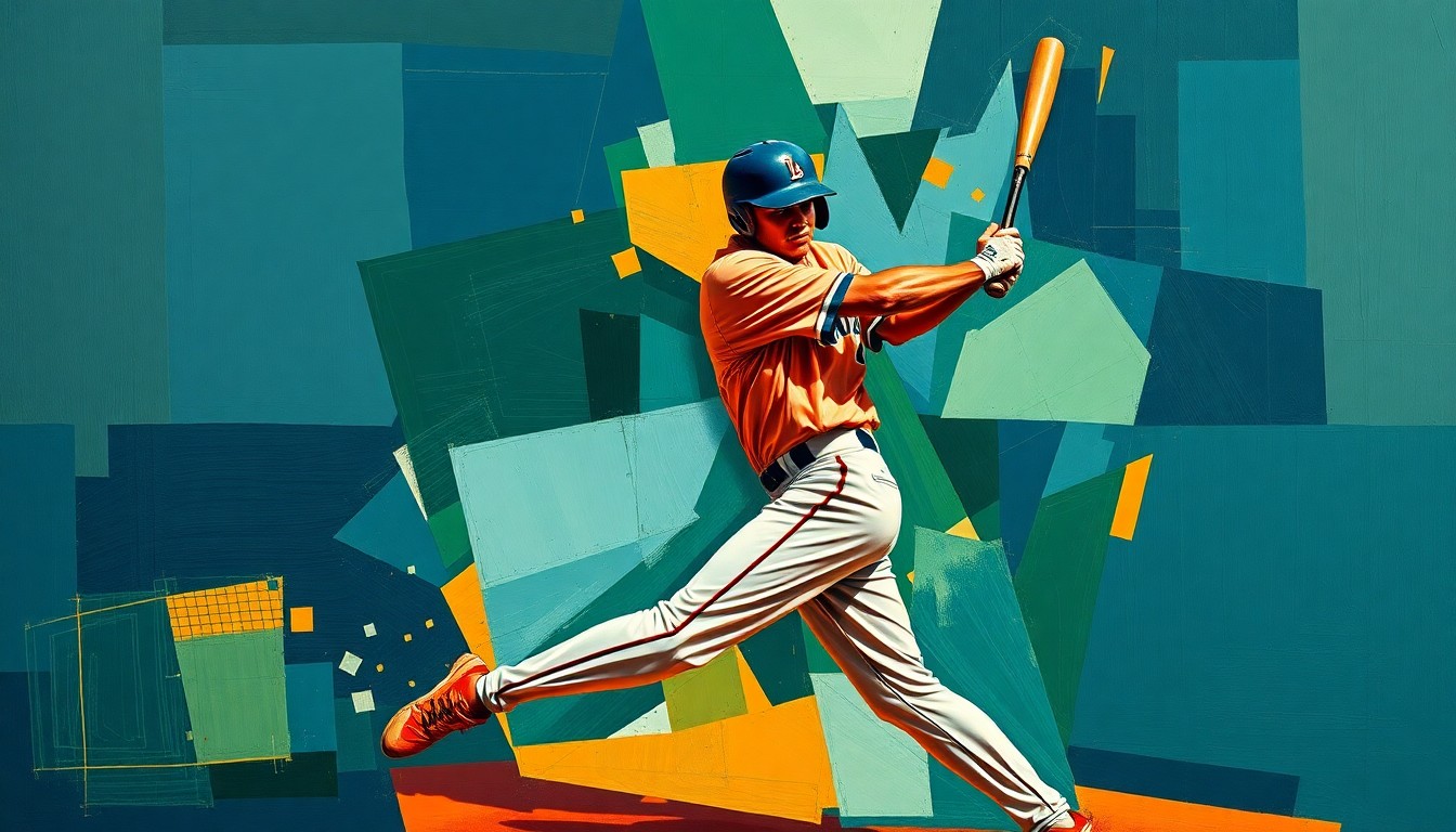 A fractured, geometric painting depicting the motion of a baseball player swinging a bat, with sharp planes of color and overlapping perspectives conveying the raw energy and athleticism of the sport.