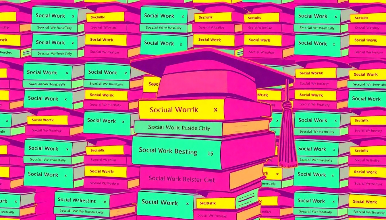 A vibrant, high-contrast silkscreen print featuring a repeating pattern of stylized graduation caps in bold neon colors, conceptually representing the Kent School's legacy of social work education and innovation.