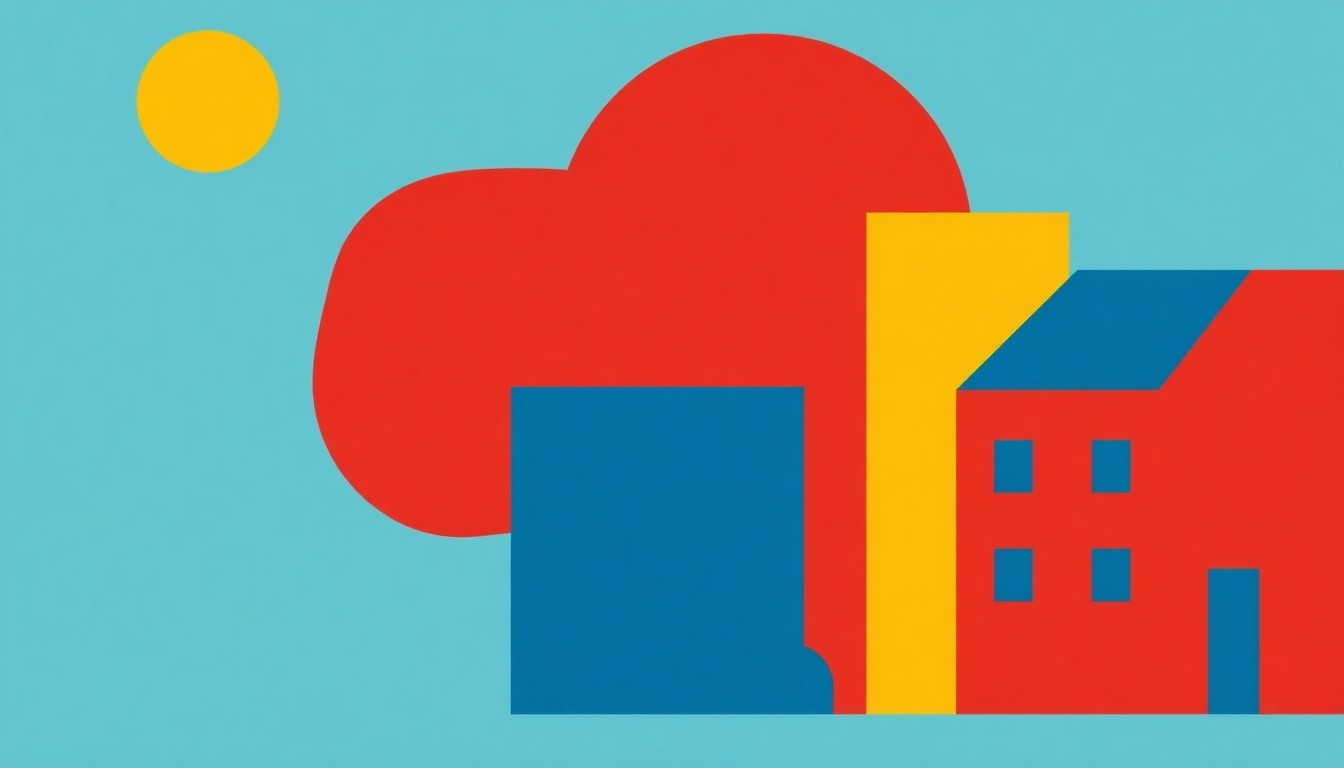 An abstract composition of overlapping triangles and rectangles in shades of blue, green, and red, conveying the concept of a stalling job market through minimalist geometric shapes without any text or identifiable elements.