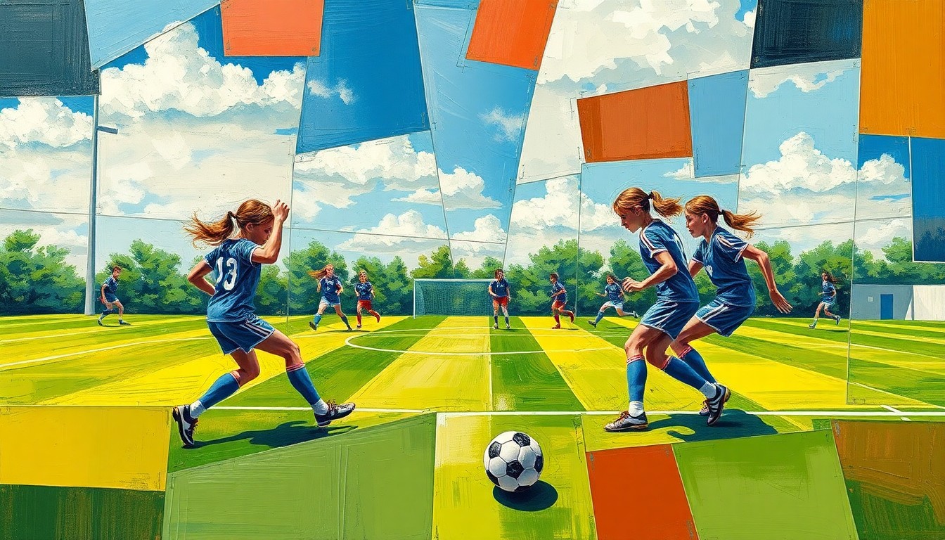 A cubist, geometric painting depicting a fractured, multi-perspective view of a girls high school soccer match, with sharp, overlapping planes of color and form representing the disruption and challenges faced by the Montrose Red Hawks.