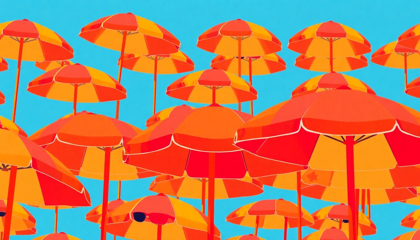 A bold, colorful silkscreen print featuring a repeating pattern of beach umbrellas and sunglasses, capturing the lively energy and festive atmosphere of the Crush Reloaded spring party on Tybee Island.