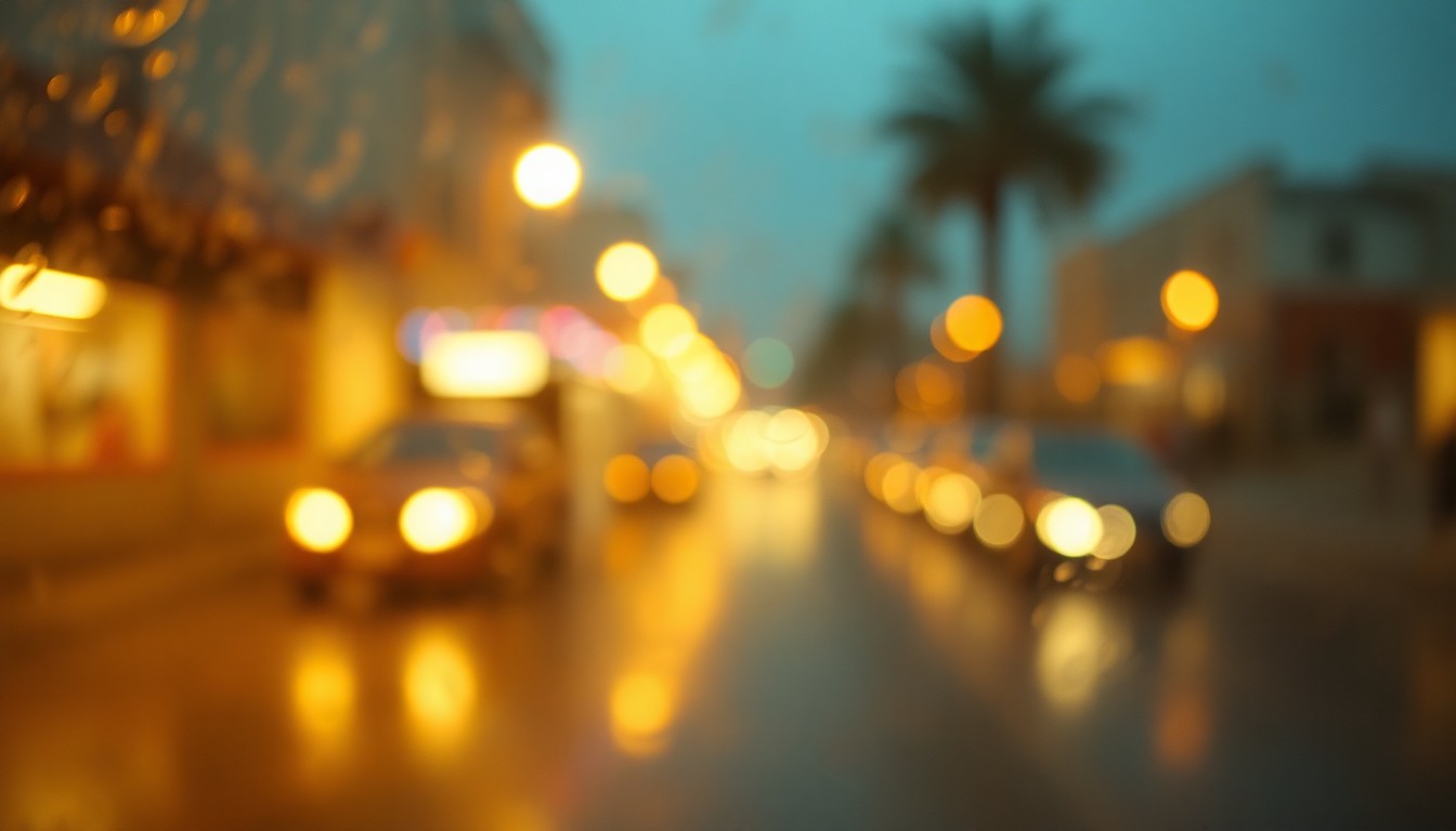 An abstract, out-of-focus photograph featuring blurred lifestyle scenes and concepts in soft, warm pools of color and light, conceptually representing the vibrant yet cozy atmosphere of outdoor dining in San Francisco.