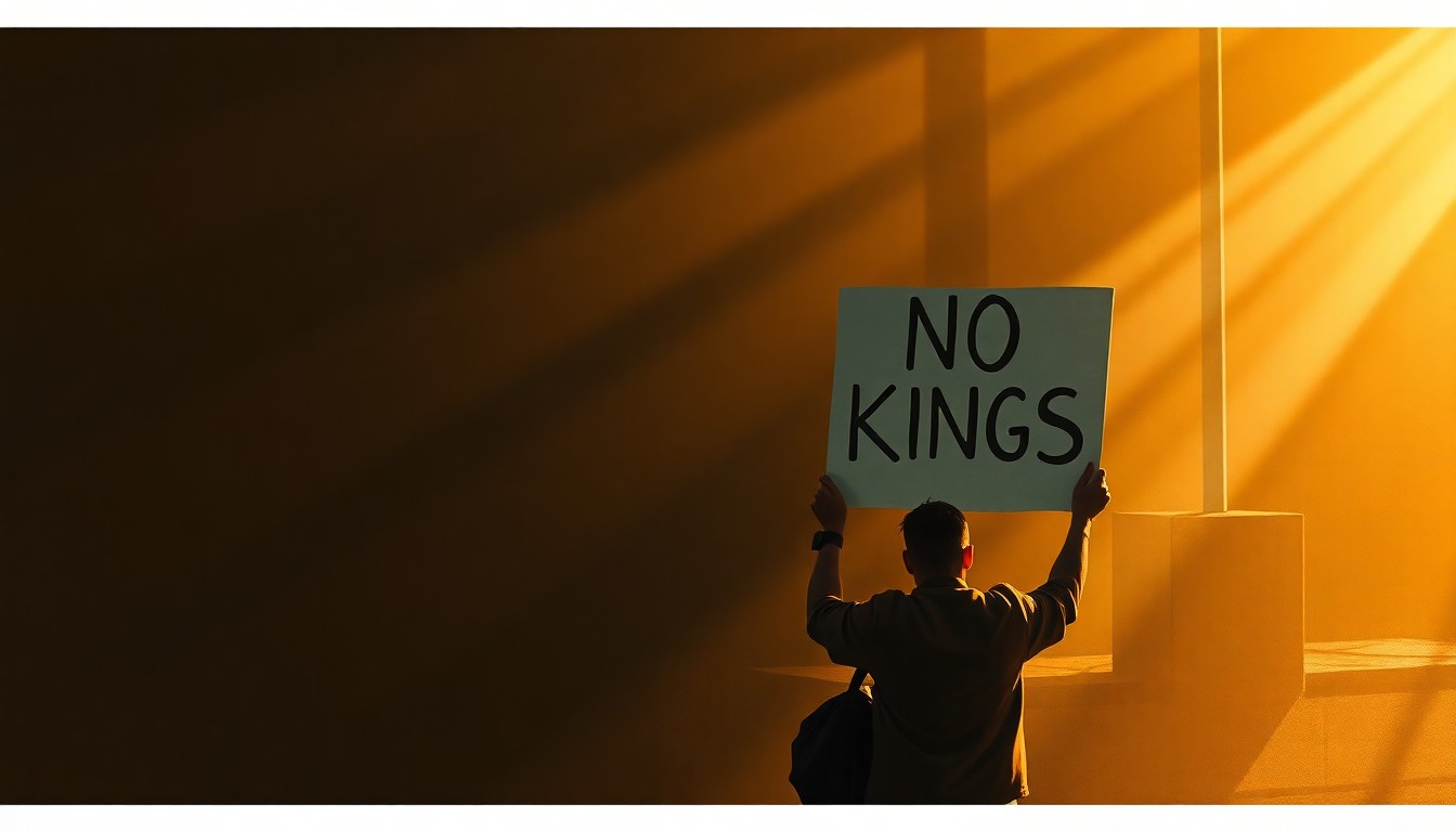 A cinematic painting depicting a lone protester carrying a 'No Kings' sign, the figure bathed in warm, diagonal sunlight and deep shadows, conveying a sense of solitary defiance against a backdrop of political turmoil.