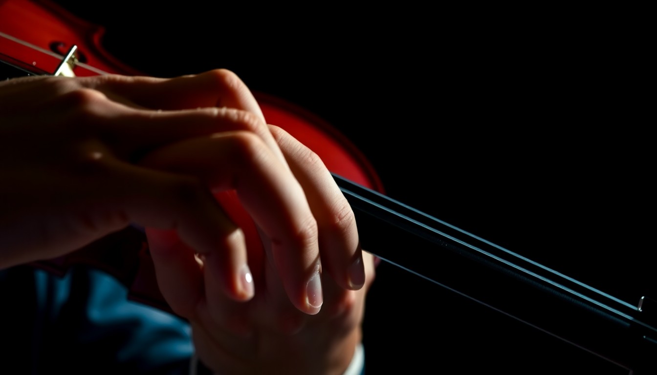 An extreme close-up of a violinist's fingers gliding across the strings, captured in dramatic high-contrast lighting to create a glamorous, high-fashion aesthetic.