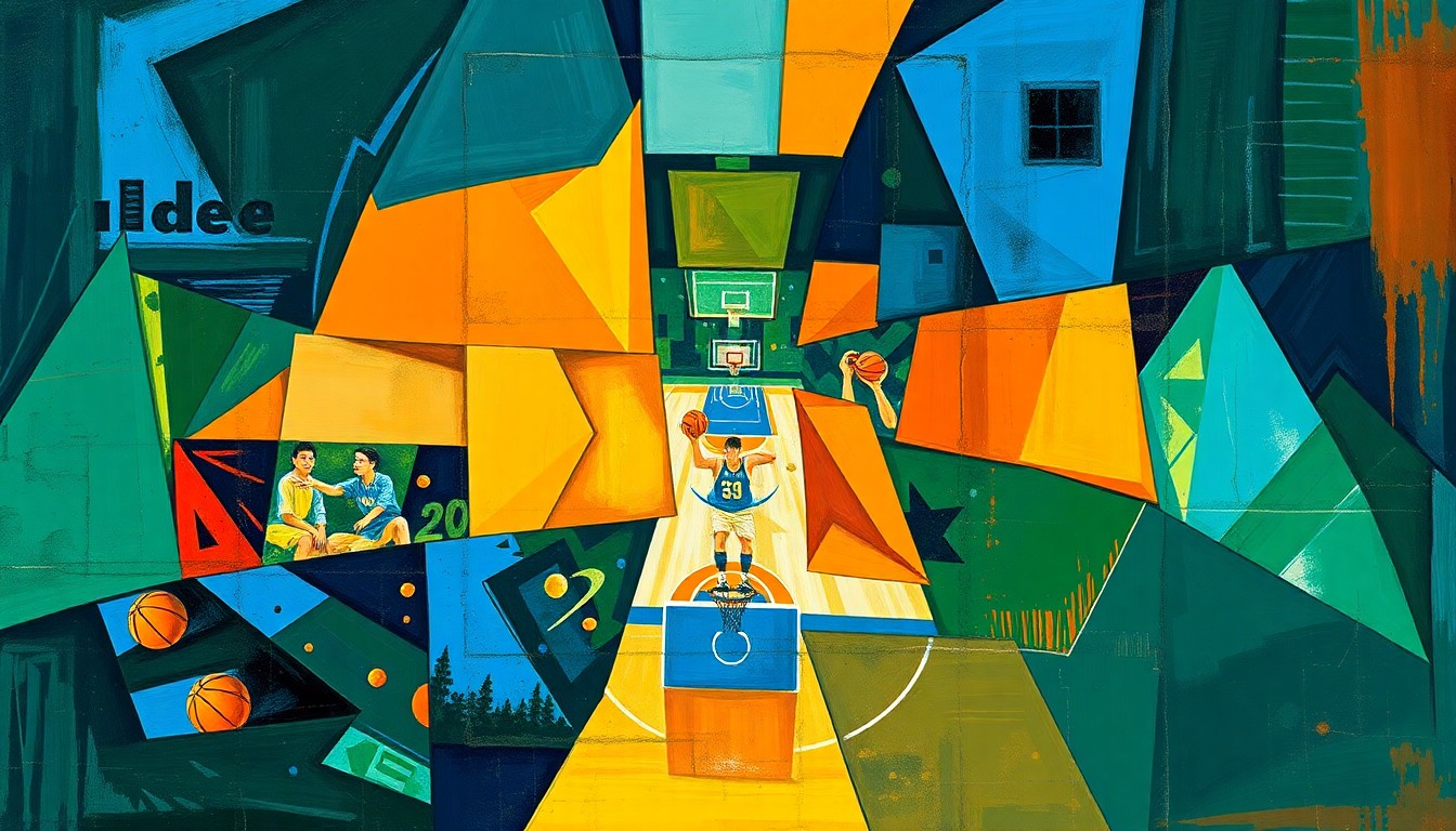 A fragmented, geometric painting depicting the overlapping elements of a college basketball game, with sharp planes of color representing the strategic decisions and competing interests that led Tommy Lloyd to remain the head coach at the University of Arizona.