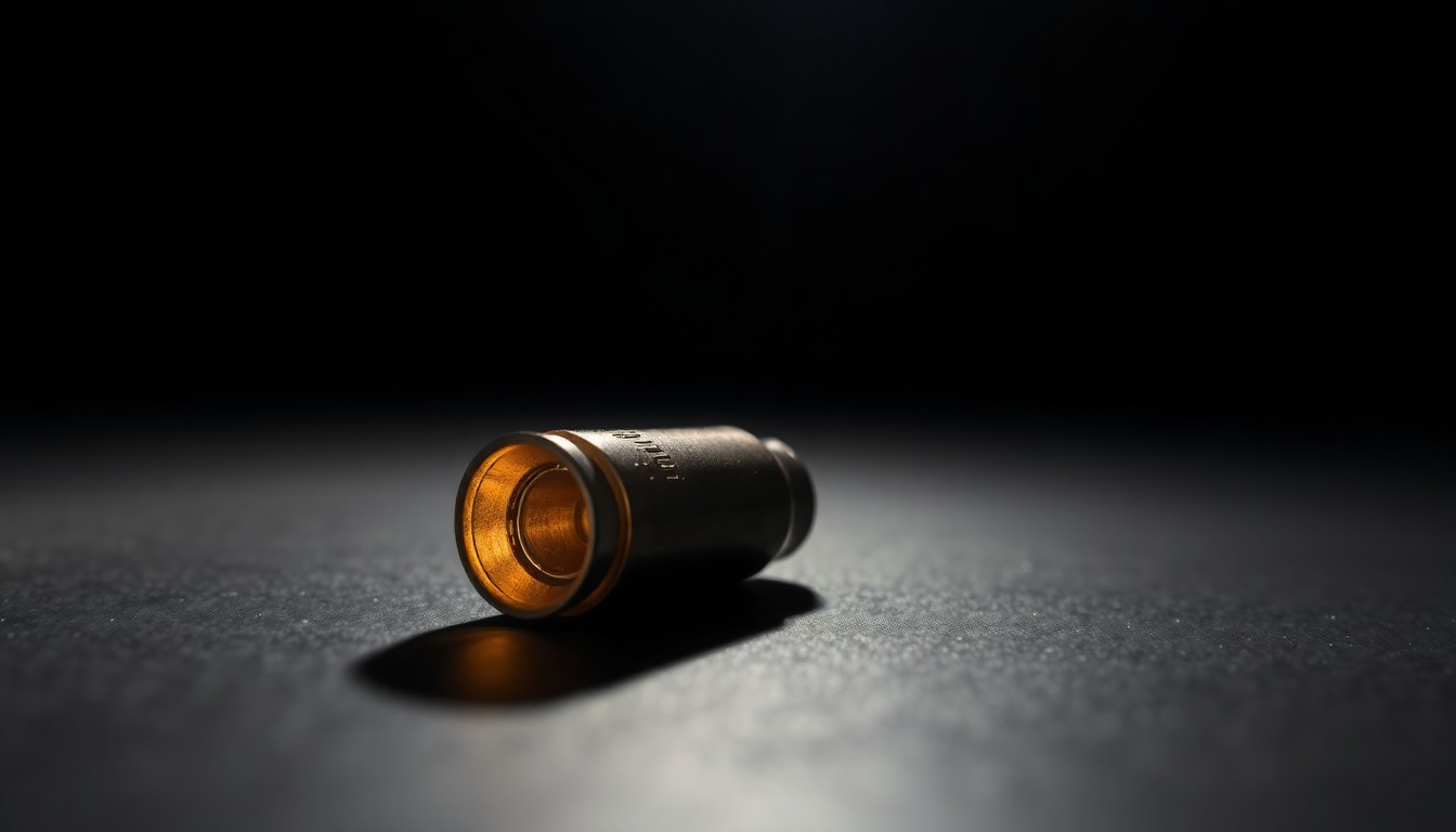An extreme close-up photograph of a single spent bullet casing on a dark surface, reflecting a harsh, direct camera flash. The image conceptually illustrates the aftermath of a shooting incident involving a child.