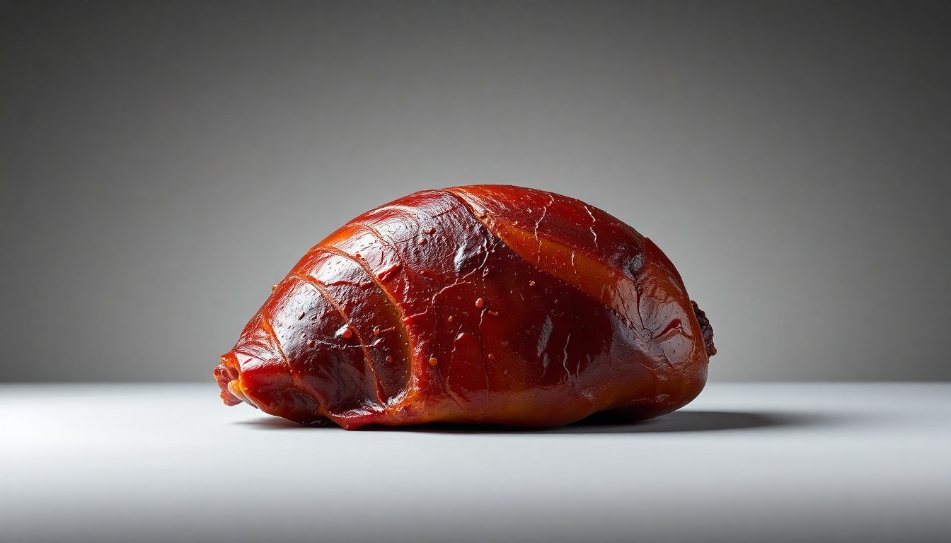 A high-end, photorealistic studio still-life photograph of a premium, polished ham with a rich, glossy glaze resting on a clean, monochromatic background, conceptually representing the importance of quality and craftsmanship in the meat industry despite supply chain pressures.