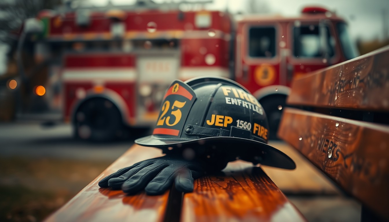An extremely blurred and abstracted image of a firefighter's helmet and gloves resting on a wooden bench, with a faint fire truck visible in the background, conveying a sense of melancholy and nostalgia for the loss of a community leader.