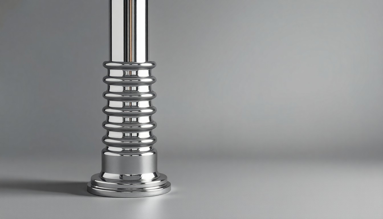 A close-up photograph of a polished, chrome-plated power pole base and insulator cap arranged on a clean, grey background, conveying the abstract concepts of utility infrastructure and energy reliability.