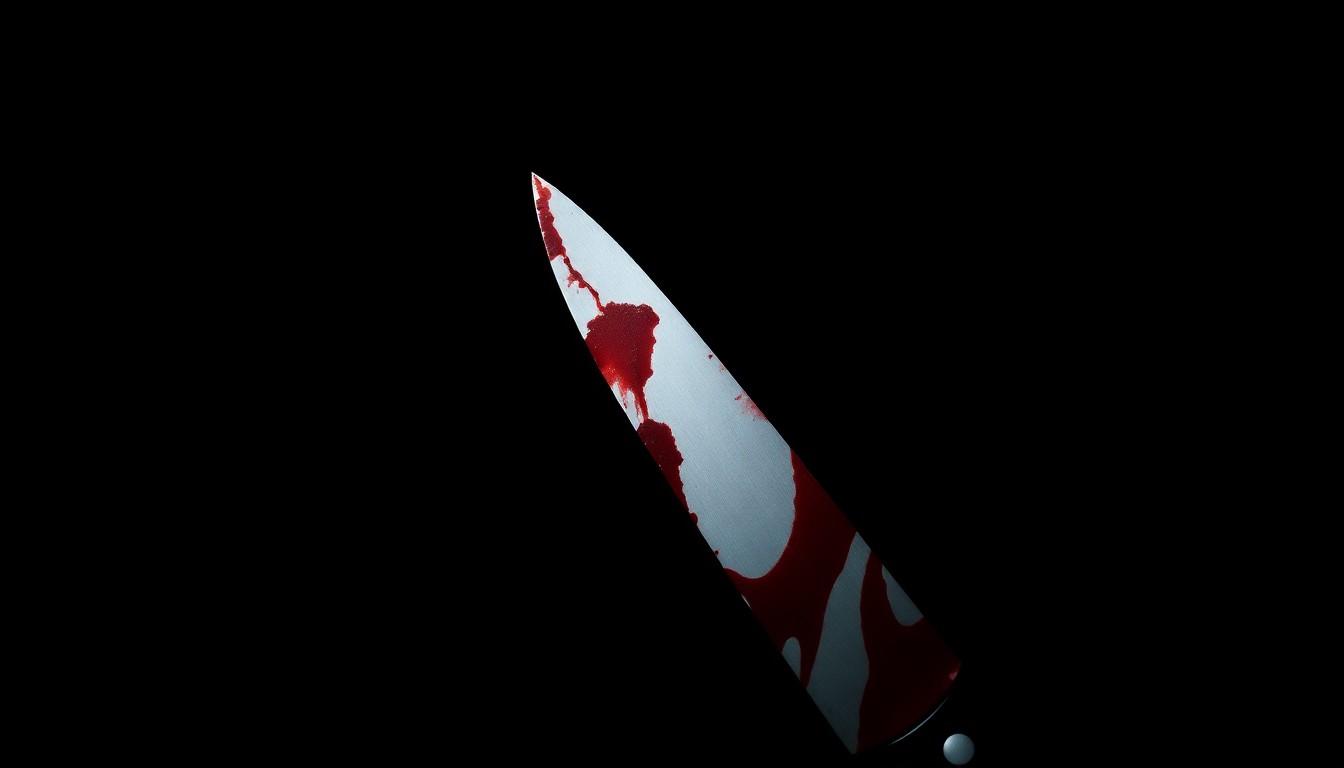 An extreme close-up of a bloodied knife blade, the harsh lighting and dark background creating a stark, gritty, investigative aesthetic that conceptually represents the violence of the crime.