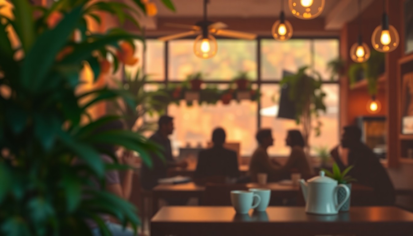 An extremely abstracted, out-of-focus photograph of a cozy coffee shop interior, with soft pools of warm light and color creating a sense of comfort and community.