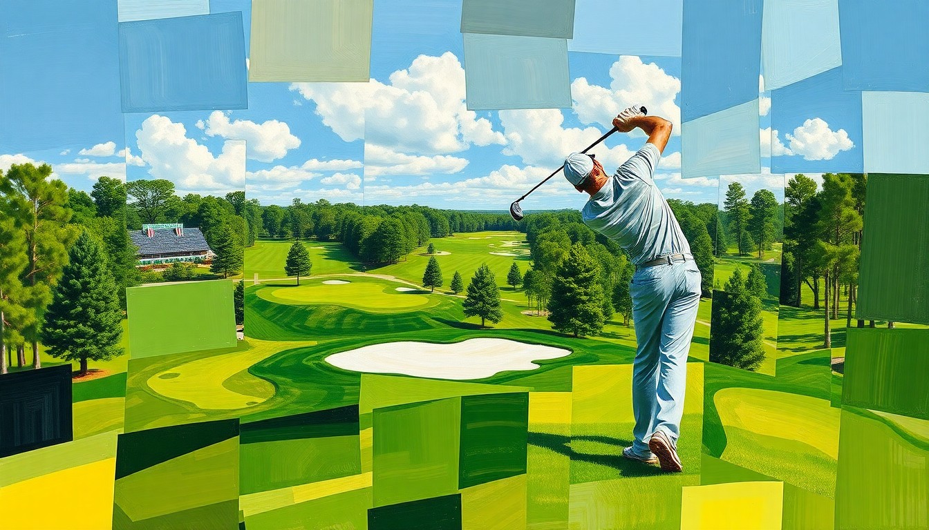 A cubist-style painting depicting a golfer's swing and the Augusta National Golf Club course broken down into sharp, overlapping geometric shapes and planes, capturing the energy and tension of the final round of a major amateur tournament.