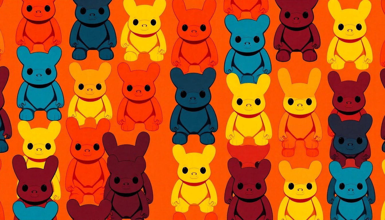 A brightly colored, high-contrast silkscreen print of a single, iconic Labubu collectible figure repeated in a tight grid pattern, conceptually representing the popular toy's expansion into a new Maryland retail location.