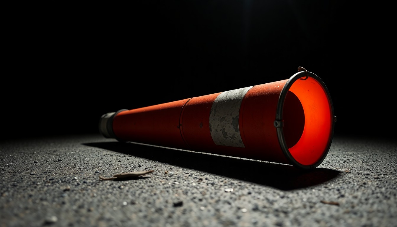 An extreme close-up photograph of a damaged traffic cone lying on the ground, partially obscured by shadows, captured with a harsh, direct camera flash to create a stark, gritty aesthetic that conceptually represents the aftermath of a pedestrian accident.