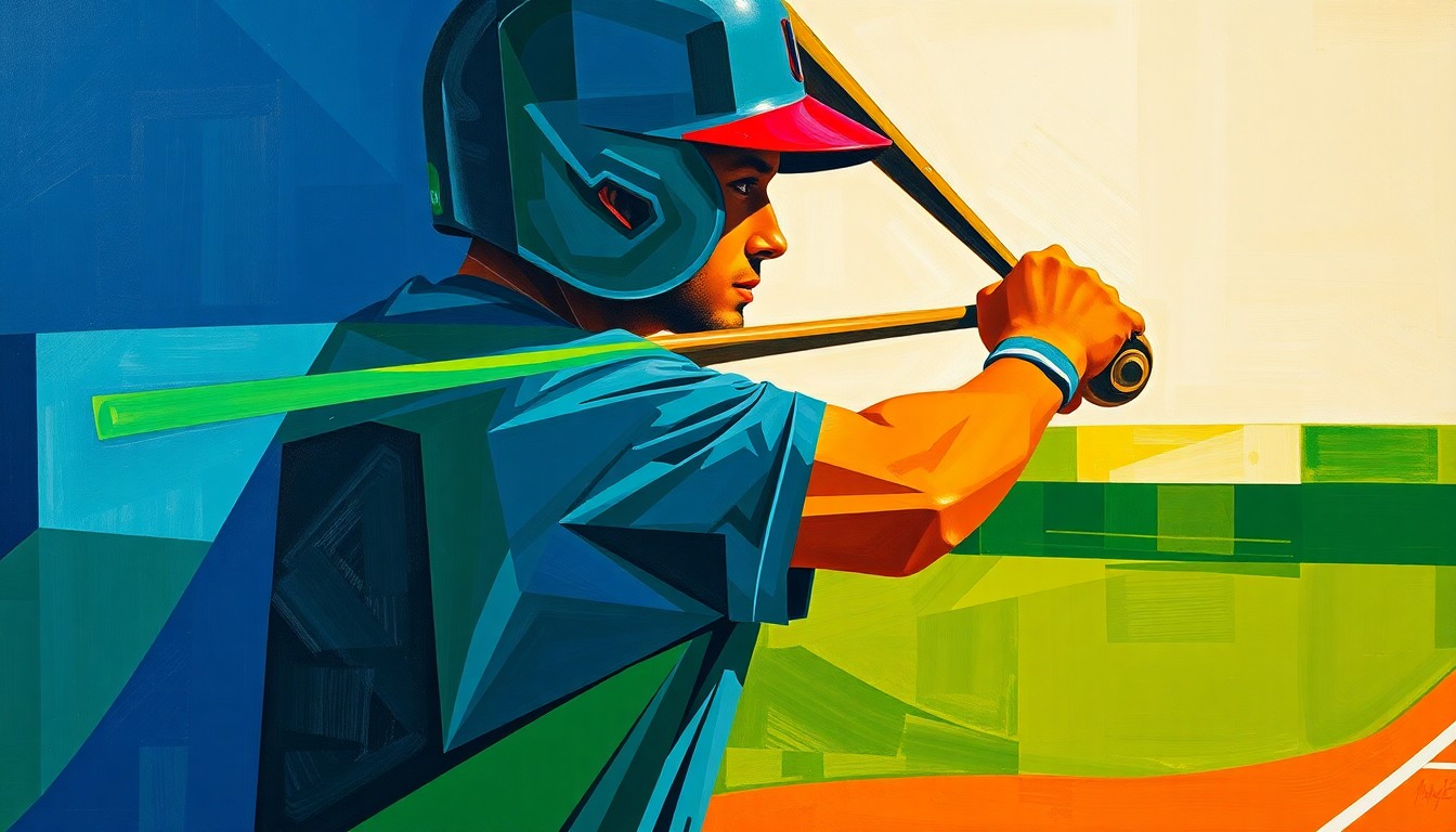 A fractured, multi-perspective painting depicting a baseball player in the batter's box, with the figure broken down into sharp, overlapping geometric planes in a vibrant color palette, conceptually representing the Brewers' star player and their long-term vision.