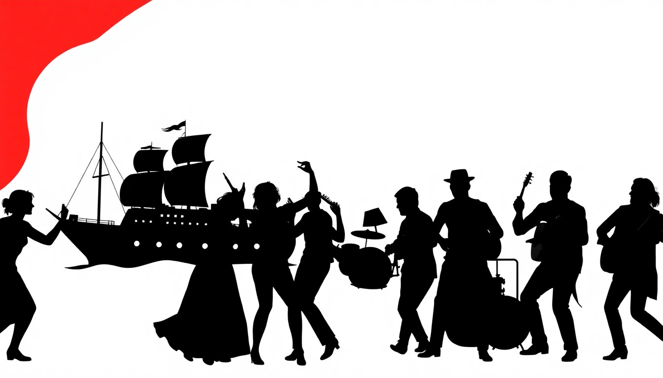 A dynamic, abstract illustration featuring black silhouettes of people dancing, a ship, and musical instruments against a striking red and white background, capturing the energy and festive spirit of the Boots on the Berkeley event.