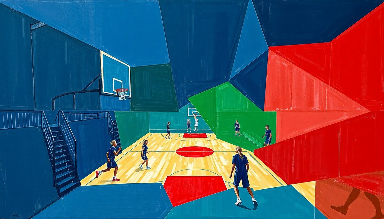 A fragmented, geometric painting depicting a high school basketball game, with sharp planes of navy, green, and red representing the dynamic action and teamwork of the players.
