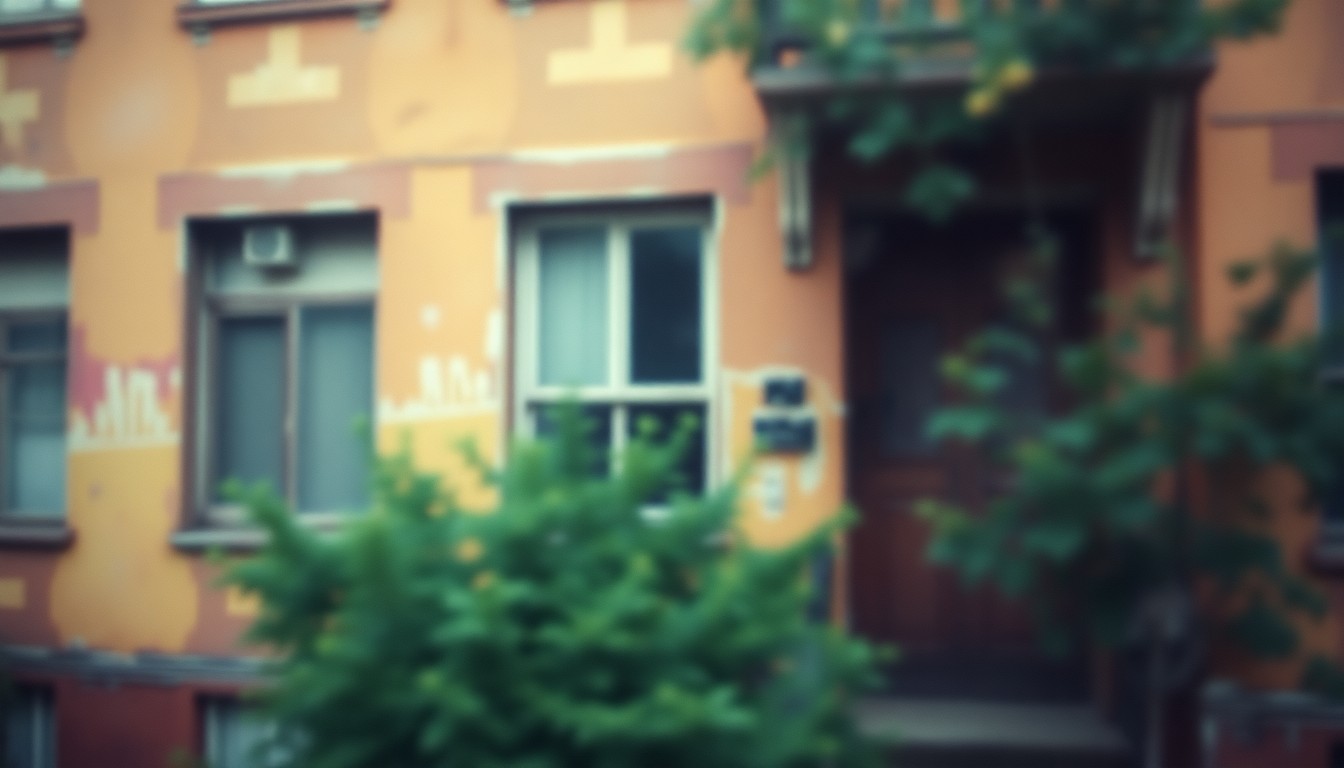 An extremely blurred and abstracted photograph of a run-down apartment building exterior, with warm pools of light and color creating a soft, dreamlike atmosphere that evokes the challenges faced by low-income tenants.