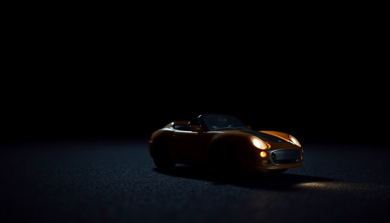 An extreme close-up photograph of a small toy car on the ground, its details and textures sharply illuminated by a harsh flash of light against a dark background, conveying a sense of the sudden and serious nature of the incident.
