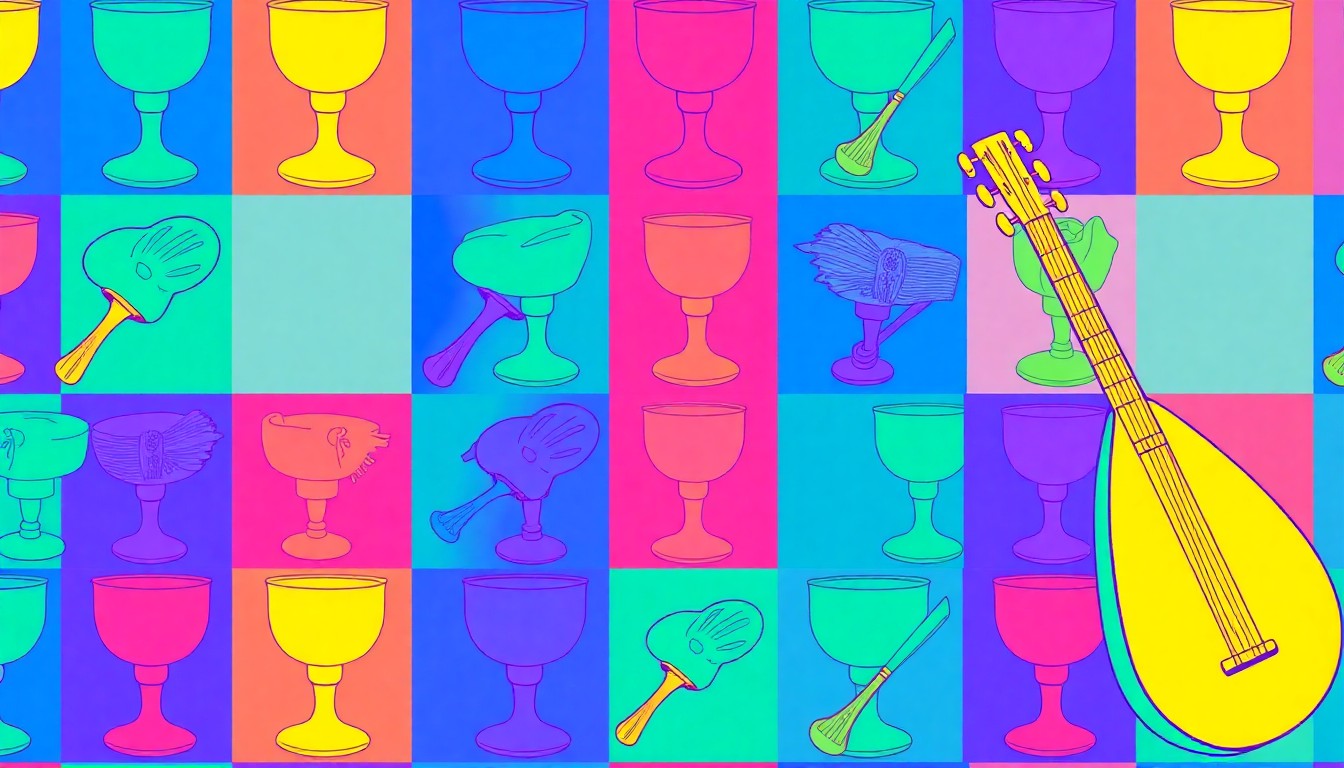 A brightly colored, high-contrast silkscreen print of a single, iconic Renaissance-era object such as a goblet or feathered hat, repeated in a tight grid pattern in a style reminiscent of Andy Warhol's pop art, conveying the festive and celebratory atmosphere of the annual Renaissance Pleasure Faire.
