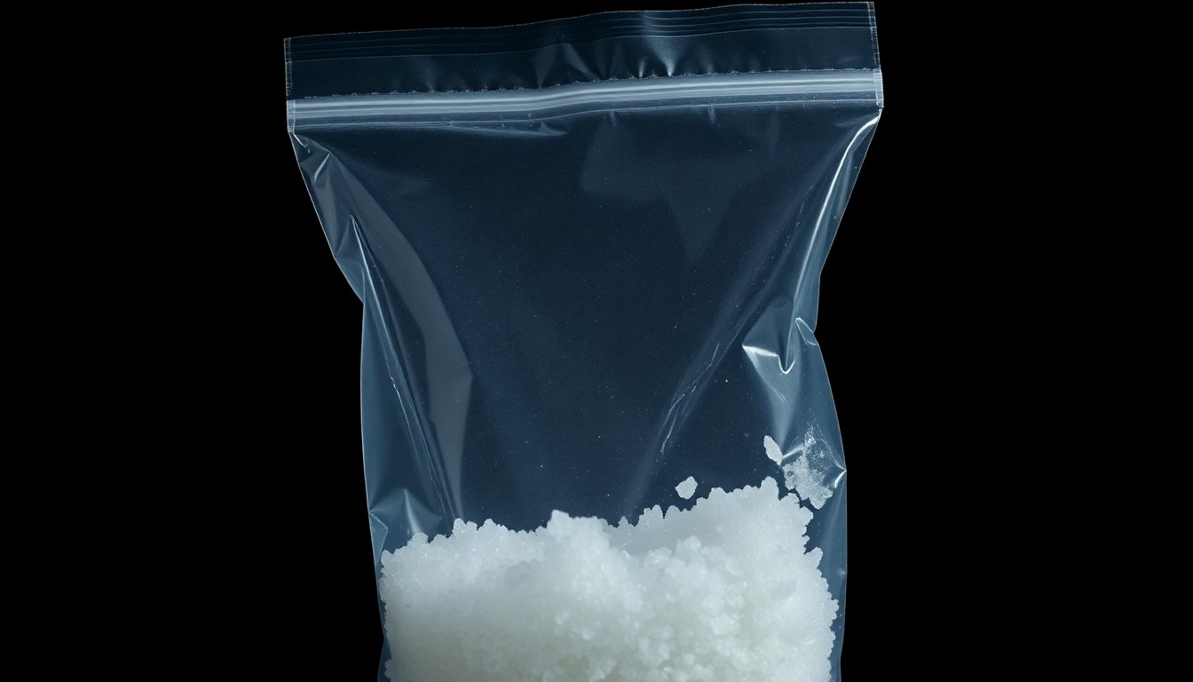 An extreme close-up photograph of a plastic bag containing a white, crystal-like substance, lit by a harsh, direct camera flash against a pitch-black background, conceptually representing the discovery of suspected methamphetamine during a traffic stop.