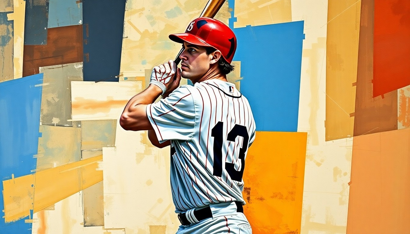 A fragmented, geometric painting depicting a baseball player's batting stance, with the number 13 prominently featured, conveying the dynamic energy and motion of the sport.