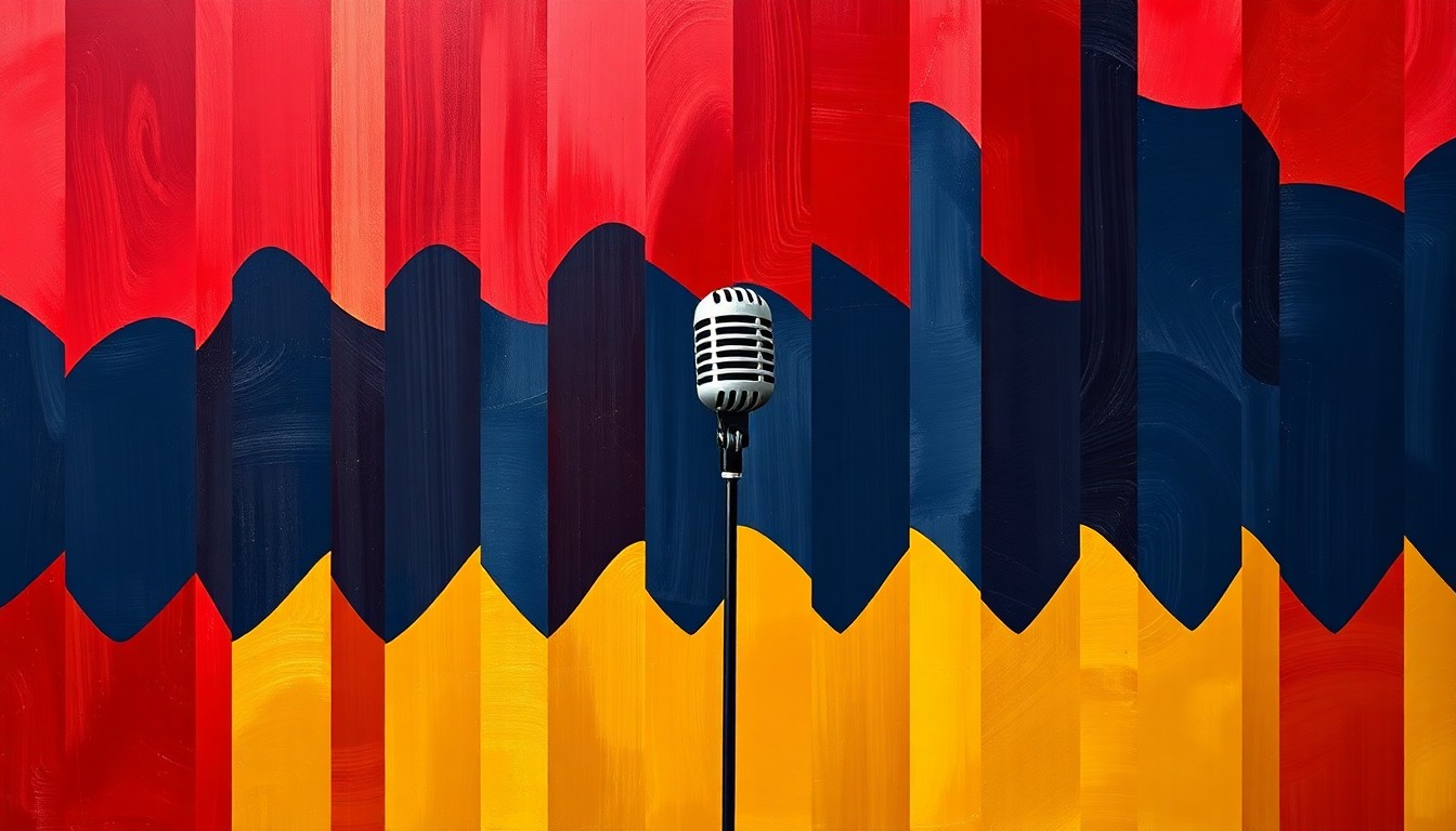 A fractured, abstract painting of a podium or microphone in motion, with overlapping geometric shapes in deep red, navy blue, and gold, conveying a sense of political turmoil and division.