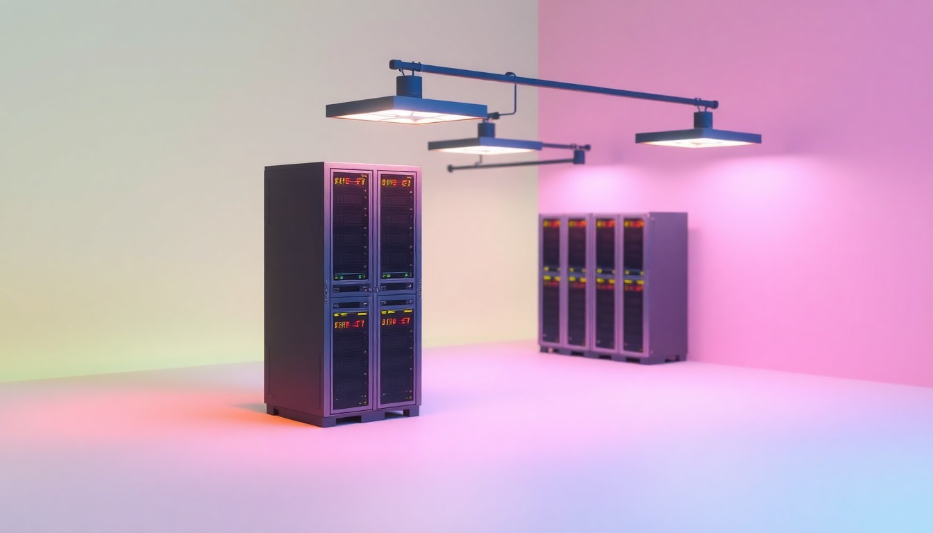 A stylized, isometric 3D illustration depicting rows of server racks in a data center, illuminated by sleek, precision-engineered lighting fixtures, symbolizing the technological advancements transforming modern agriculture.