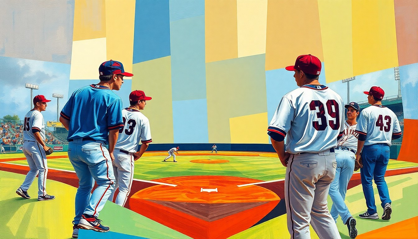 A cubist, geometric painting depicting a college baseball game, with the players' bodies and the field broken down into overlapping, abstract shapes in vibrant colors representing the team uniforms.