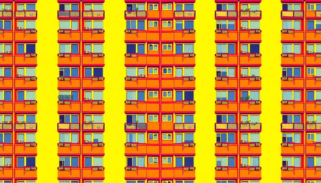 A high-contrast silkscreen print featuring a repeated image of a modern glass and steel apartment tower facade in a grid pattern, rendered in a bold, neon color palette with heavy black outlines, capturing the iconic architectural style of the new Jersey City residential development.