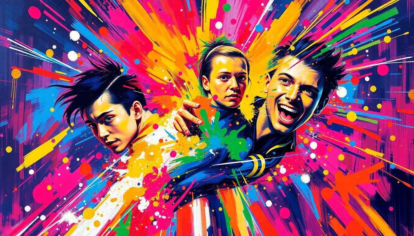 An abstract, energetic painting featuring vibrant brushstrokes of neon colors, capturing the dynamic movements and raw athleticism of a gymnastics competition.