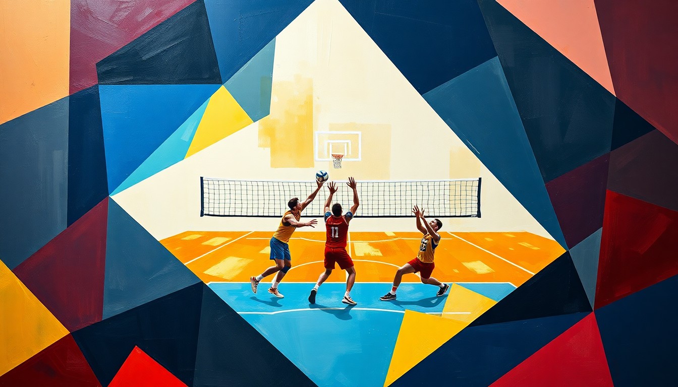 A fragmented, geometric painting depicting a men's volleyball match, with the players and court broken down into sharp, overlapping shapes in a bold color scheme, conceptually representing the Hiram Terriers' struggles with inconsistent performance.