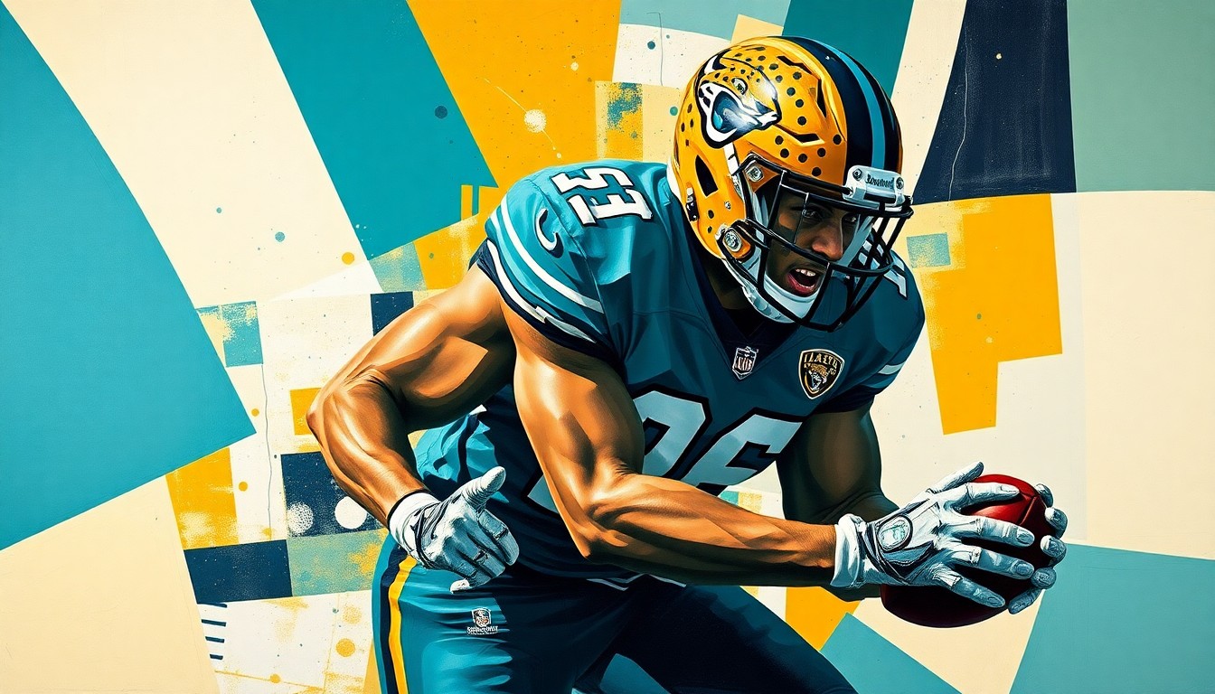 A fragmented, cubist-style painting depicting a football player in the midst of a sack, with sharp geometric planes in the team colors of teal, gold, and black representing the Jacksonville Jaguars.