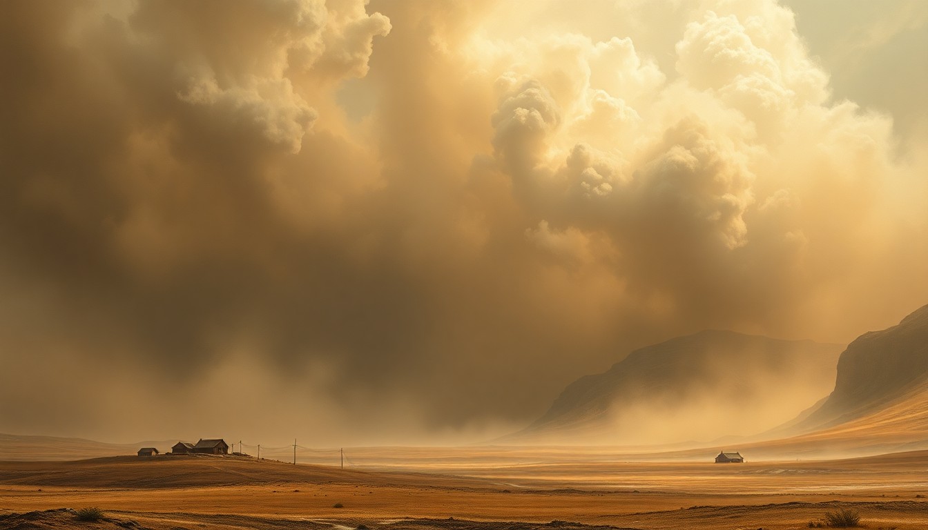 A sweeping, atmospheric landscape painting in muted earth tones, depicting a massive dust storm swirling across a remote, rural valley, conveying the overwhelming scale and force of the natural event.