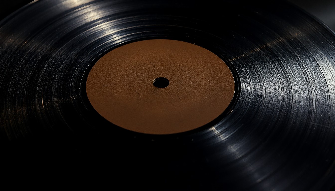 An extreme close-up photograph of the intricate, glittering grooves and scratches on the surface of a vintage vinyl record, conveying the timeless allure and craftsmanship of classic rock music.
