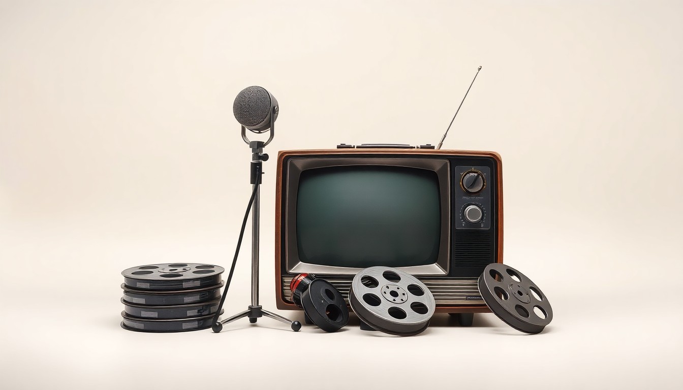 A photorealistic studio still life featuring a vintage television set, a microphone, and a stack of old film reels, conceptually representing the history and technology of local television broadcasting.