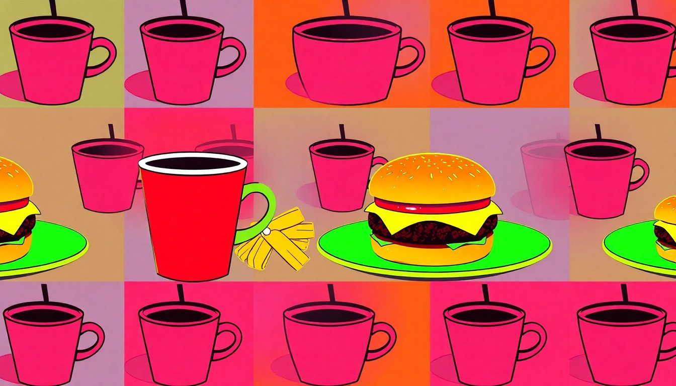 A brightly colored, high-contrast silkscreen print of a single, iconic restaurant object such as a coffee cup or burger, repeated in a tight grid pattern in the style of Andy Warhol, capturing the celebratory spirit of a community-driven culinary competition.