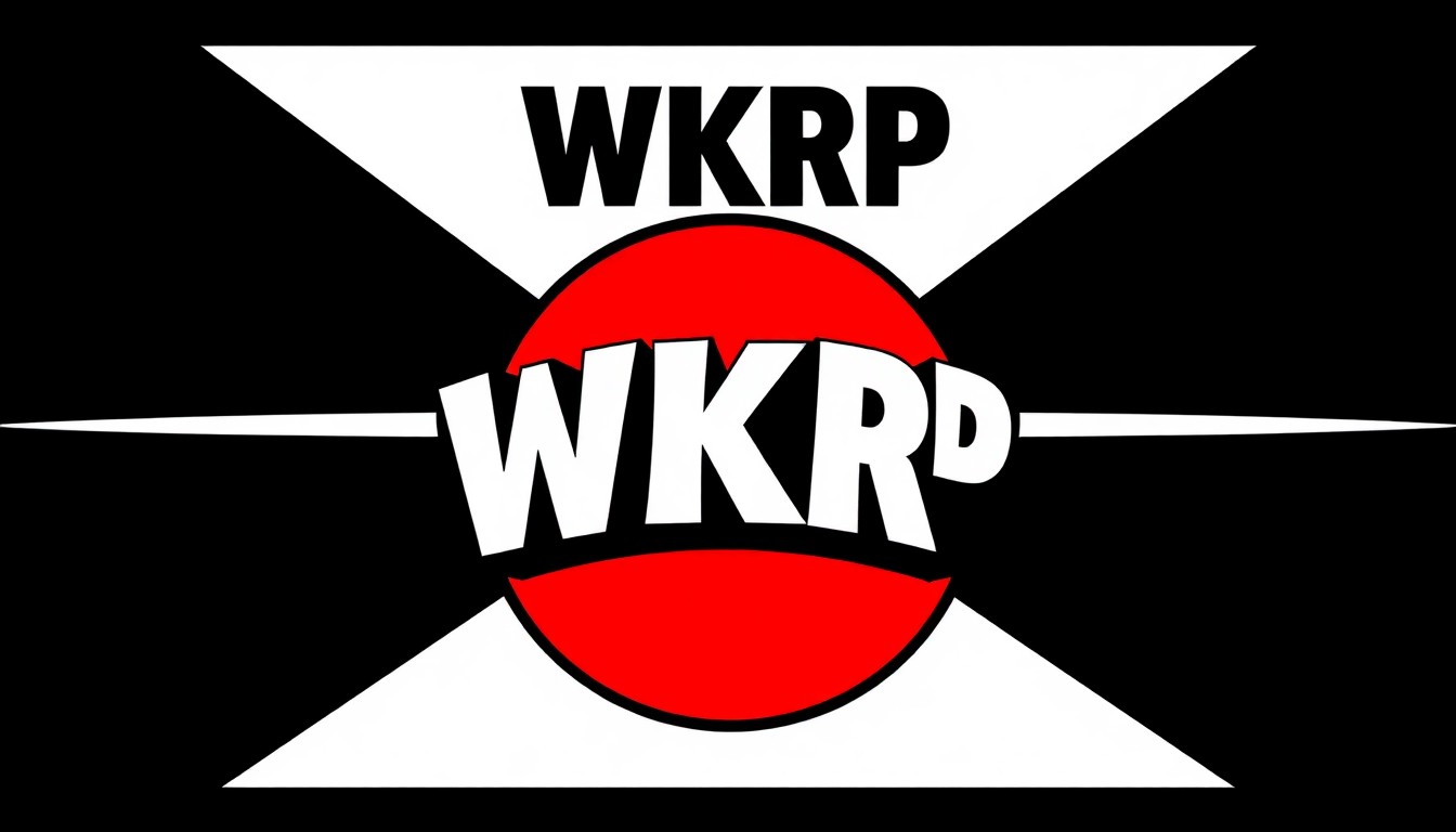 A minimalist, abstract composition of bold, angular black shapes against a bright red background, conceptually representing the iconic WKRP radio station and the nostalgic energy of the beloved TV series.