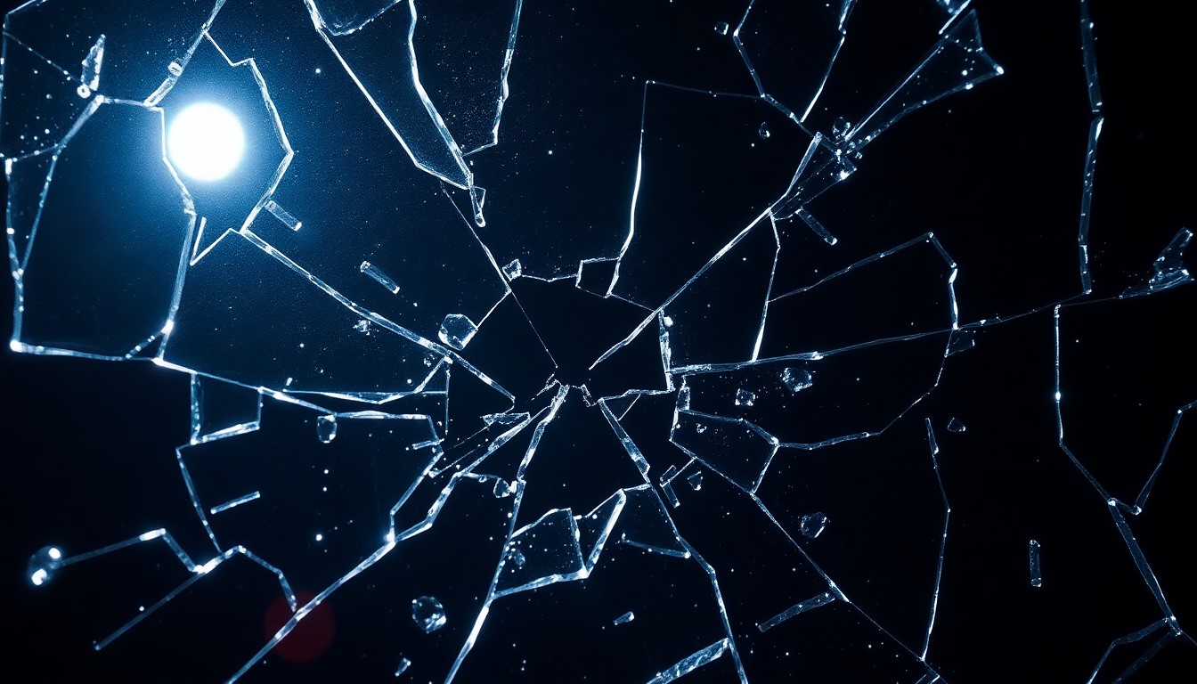An abstract close-up image of a shattered, reflective glass surface bathed in dramatic studio lighting, conveying a sense of high-stakes drama and glamour associated with a reality TV reunion special.