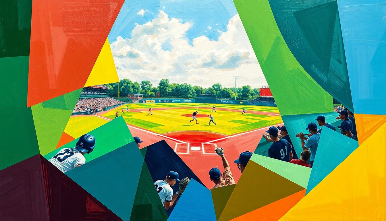 A fractured, cubist-style painting depicting the dynamic movements and energy of a high school softball game, with sharp geometric shapes in vibrant team colors representing the players, field, and action on the diamond.