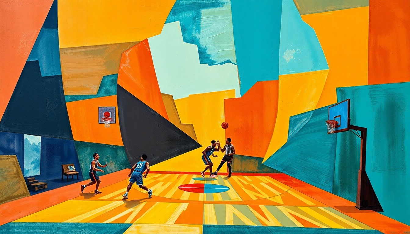 A cubist, geometric painting depicting a basketball game broken down into overlapping angular shapes and planes in warm desert colors, conceptually representing the community's role in shaping the new team's identity.