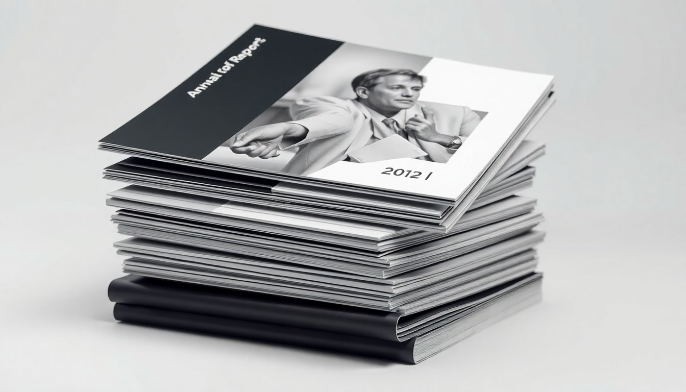 A minimalist, high-contrast studio photograph featuring a stack of muted gray and silver corporate annual reports and financial documents, symbolizing the abstract concepts of shareholder governance and corporate strategy.