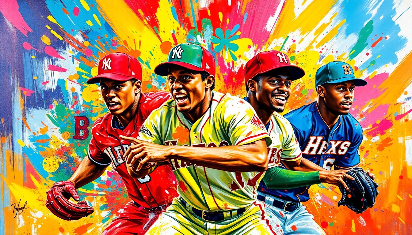 A dynamic, abstract painting in neon colors depicting the energetic movements and action of a baseball game, with players' faces and details obscured in the expressionist style.
