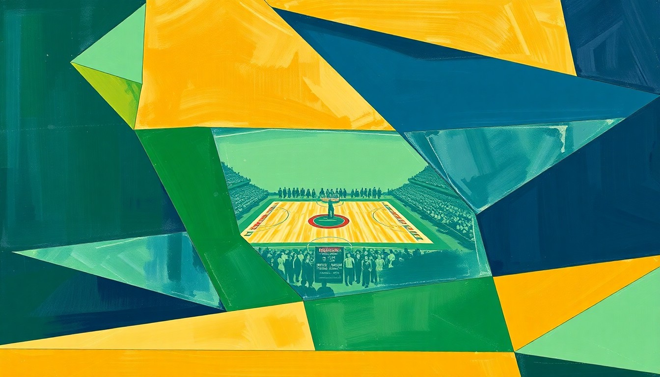A cubist-style painting depicting a fragmented, geometric interpretation of a women's basketball game, with sharp planes of navy, green, and gold colors overlapping to create a dynamic, abstract composition.