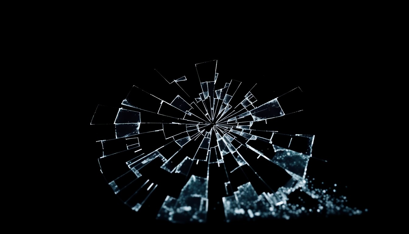 An extreme close-up photograph of a shattered car windshield against a pitch-black background, conceptually representing the aftermath of a high-speed collision without depicting violence.