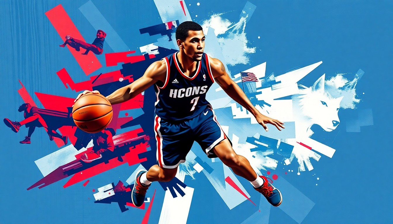 A cubist, geometric painting depicting a college basketball player in motion, with sharp, overlapping planes of navy blue, bright red, and white, conceptually representing the veteran player's perseverance and longevity.