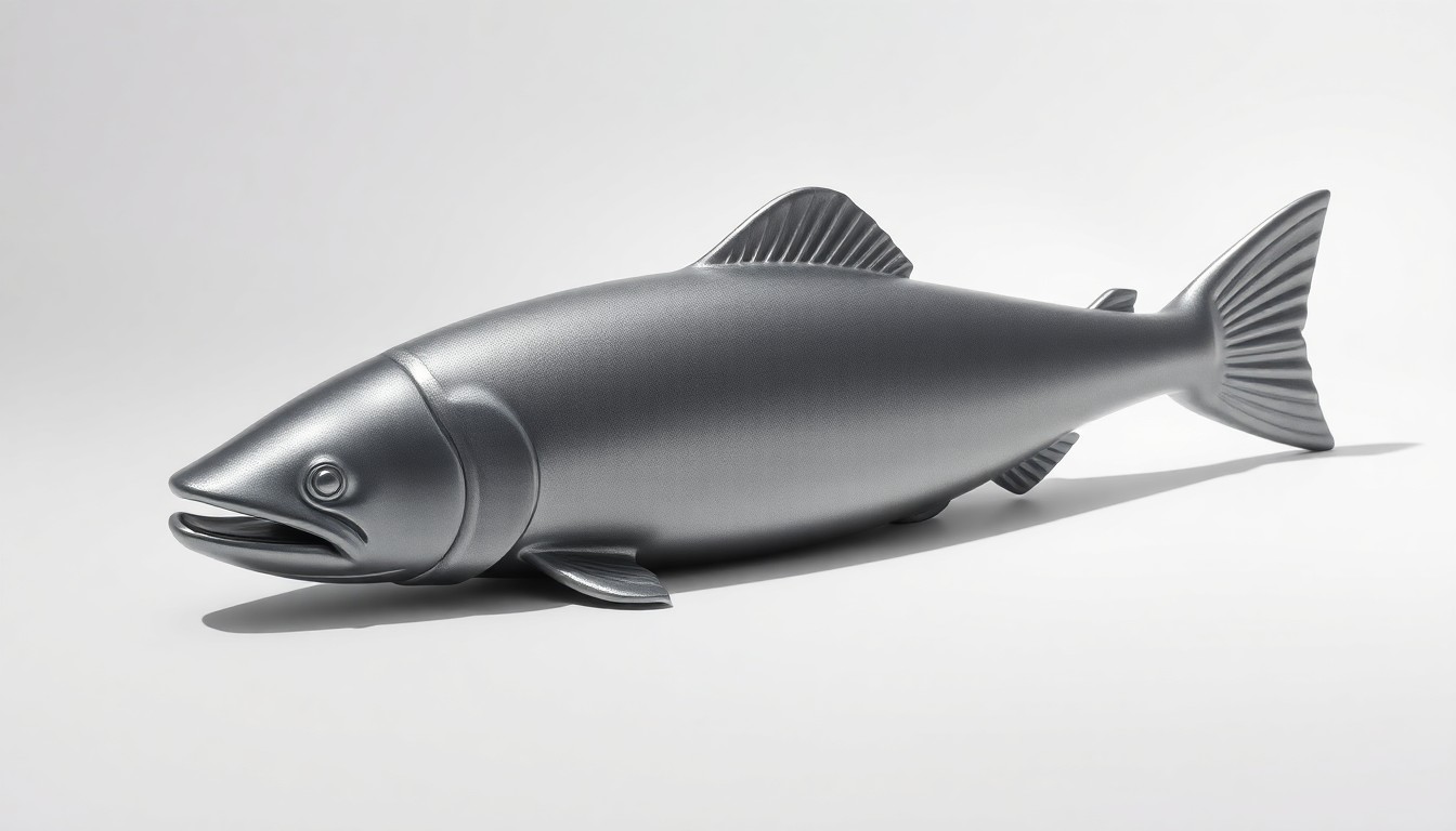 A close-up photograph of a minimalist, metallic sculpture of a Chinook salmon, lit dramatically to emphasize its smooth, polished form against a plain white background.