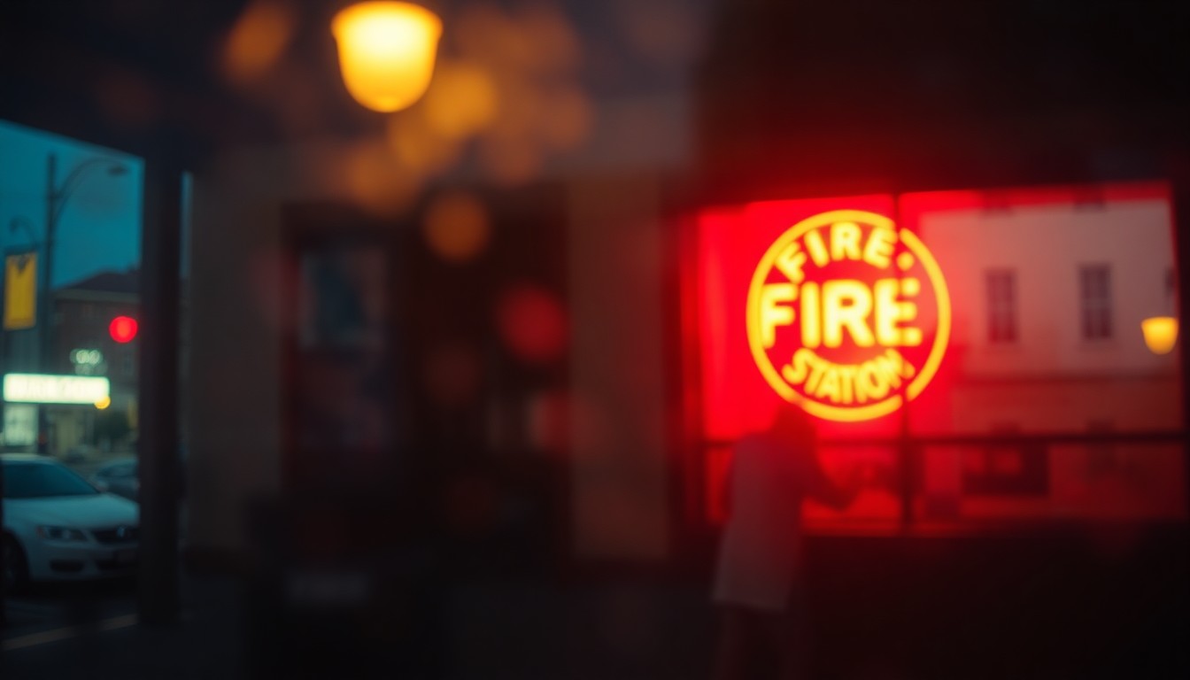 An extremely blurred, impressionistic photograph of a historic fire station building, with warm pools of light and color creating a dreamlike, atmospheric scene.